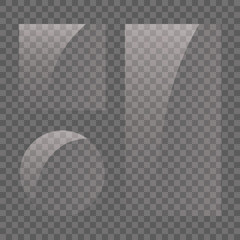 Set of transparent shiny glass plates. Clear glass showcase on a transparent background. Realistic window, phone protective film, lens circle, makeup mirror, picture frame. Mirror reflection. Windows.