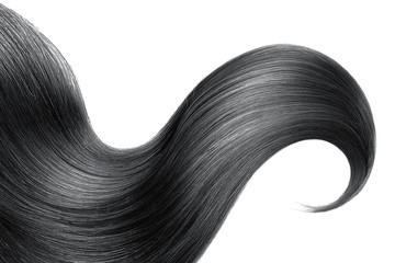 Black hair isolated on white background. Long ponytail.