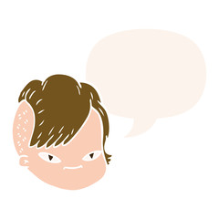 cartoon female face and speech bubble in retro style