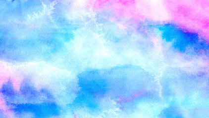 Colorful paper textured ink effect grungy wet pastel illustration for design. Modern creative smeared blue, purple and pink shades watercolor background for vintage card, retro template