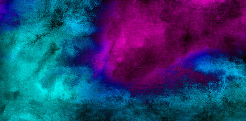 Vivid ink textured blue, pink and purple color canvas for modern design. Aquarelle smeared abstract cosmic bright vintage dark watercolour illustration. Neon watercolor on black paper background