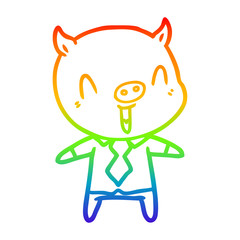 rainbow gradient line drawing happy cartoon pig wearing shirt and tie