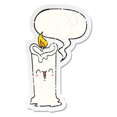 cartoon happy candle and speech bubble distressed sticker