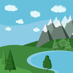 Summer lake landscapes: fields, lake, sky with clouds, mountains, green trees in flat cartoon style.