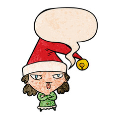 cartoon girl wearing christmas hat and speech bubble in retro texture style