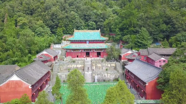 The Grand Hall inside Purple Heaven Palace. A beautiful ancient Taoist temple with red walls and green tiles. Wudang Mountain at Hubei province, China