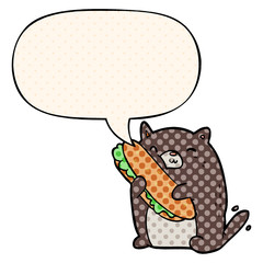 cartoon cat loving the amazing sandwich he's just made for lunch and speech bubble in comic book style