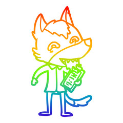 rainbow gradient line drawing cartoon hungry wolf with clip board