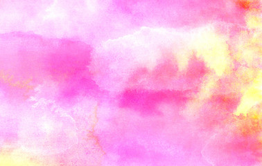 Multicolor light red, pink and yellow shades watercolor background. Aquarelle paint paper textured stain canvas element for text design, greeting card, template. Fantasy hand drawn illustration