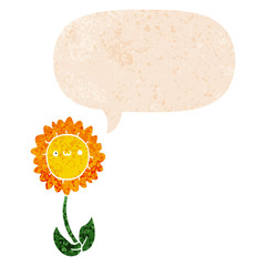 cartoon flower and speech bubble in retro textured style