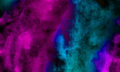 Vivid ink textured blue, pink and purple color canvas for modern design. Aquarelle smeared abstract cosmic bright vintage dark watercolour illustration. Neon watercolor on black paper background