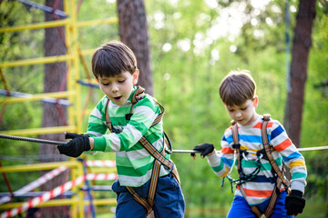 Twin bothers climbing in adventure park is a place which can contain a wide variety of elements, such as rope climbing exercises, obstacle courses and zip-lines