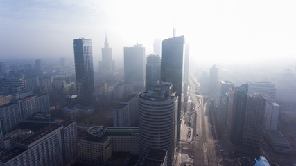 Aerial view of Warsaw skyscrapers, Center of the capital of Poland. aerial view of Warsaw city skyline buildings at sunrise. urban metropolis background.