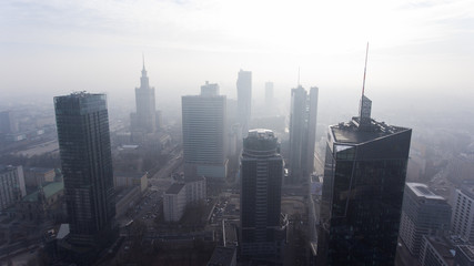 Aerial view of Warsaw skyscrapers, Center of the capital of Poland. aerial view of Warsaw city skyline buildings at sunrise. urban metropolis background.