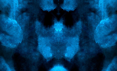 Dark glowing blue neon watercolor on black paper illustration. Creative lightning night sky and thunder background. Aquarelle painted ink canvas, cosmic card template for modern design