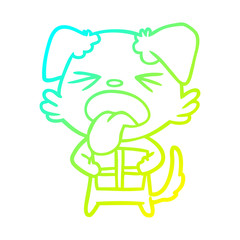 cold gradient line drawing cartoon dog with christmas present