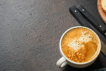 coffee freshly brewed in a white cup serving of beverage (coffee grain). food. top.copy save