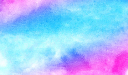 Colorful aquarelle paper textured ink effect grungy wet pastel illustration for design. Modern creative smeared blue, purple and pink shades watercolor background for vintage card, retro template