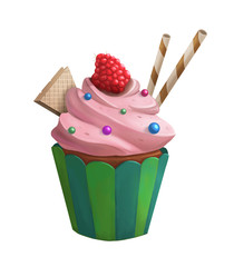 Sweet cupcake with red raspberry and wafer isolated
