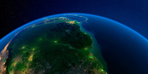 Detailed Earth at night. South America. Brazil, Guyana, Suriname, French Guiana