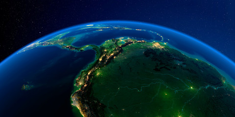 Detailed Earth at night. The western part of South America. Peru, Ecuador, Colombia, Venezuela and part of Brazil