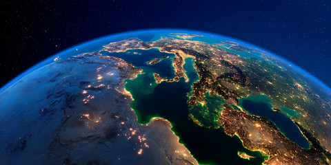 Detailed Earth at night. Africa and Europe. The waters of the Mediterranean Sea