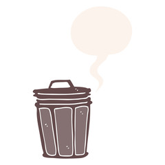 cartoon trash can and speech bubble in retro style