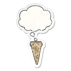 cartoon ice cream cone and thought bubble as a distressed worn sticker
