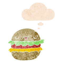 cartoon burger and thought bubble in retro textured style
