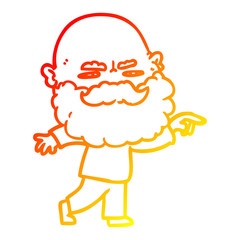 warm gradient line drawing cartoon man with beard frowning and pointing