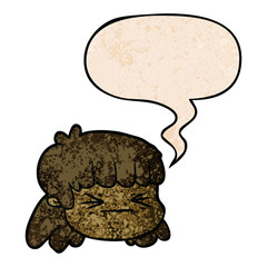 cartoon female face and speech bubble in retro texture style