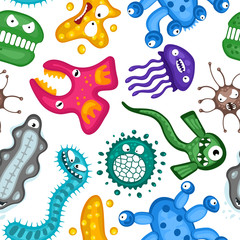 Various microorganisms virus vector cartoon bacteria germ emoticon character seamless pattern. Bacterial ilness infection microbiology illustration. Microbe organism emotions on white background