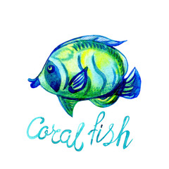 Watercolor tropical Sea Fish of coral reefs blue yellow green colors and lettering Coral fish isolated on white background. Design element for baby shower card, scrapbook, invitation, children goods