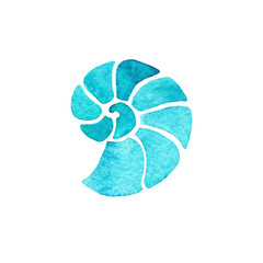 Watercolor hand drawn illustration aquamarine ammonite isolated on white background. Design for card, print, textile, shirt