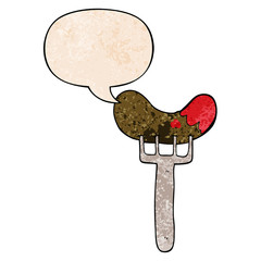 cartoon sausage on fork and speech bubble in retro texture style