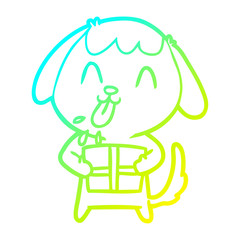 cold gradient line drawing cute cartoon dog with christmas present