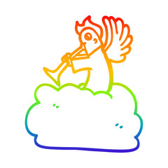 rainbow gradient line drawing cartoon angel on cloud with trumpet