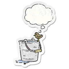 cartoon bucket of water and thought bubble as a distressed worn sticker