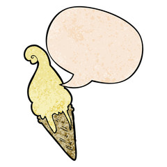 cartoon ice cream and speech bubble in retro texture style