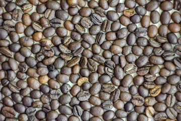 light and dark roasted brown coffee beans closeup. natural surface texture