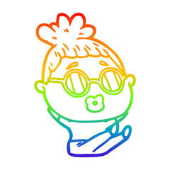 rainbow gradient line drawing cartoon sitting woman wearing spectacles