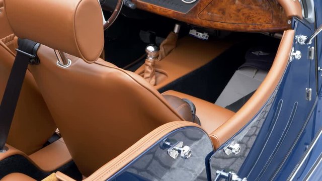 Skopje,North Macedonia- June 4, 2019. Old vintage cars in various colours and in mint condition parked at an open air display car meeting