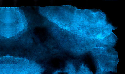 Deep dark glowing blue neon watercolor on black paper illustration. Creative lightning night sky...