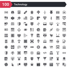 100 technology icons set such as a/b testing, attributes, back end, bounce rate, bugs, caching, call to action, click through rate, color value