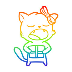 rainbow gradient line drawing cartoon cat with christmas present