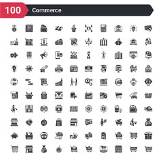 Fototapeta na wymiar 100 commerce icons set such as checke, front store with awning, online store cart, add to cart, take out from the cart, eco label, full money bag, shopping store, shopping with grills