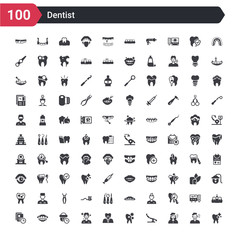 100 dentist icons set such as tooth whitening, sick girl, dentist chair, cavities, implant, healthy boy, medical appointment, dentures, medical prescription
