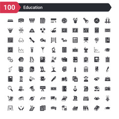 100 education icons set such as graduate cap, three books, open file, arrange, lunchbox, mie, fraternity, hand care, swinging