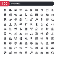 100 business icons set such as rearrange, identity card, line chart statistics, money searcher, statistics presentation, briefcase settings, money, ascendant graph, quarter pie chart