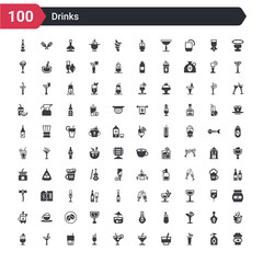 Fototapeta na wymiar 100 drinks icons set such as paper cup, bloody mary, wine, margarita, martini, tequila sunrise, mojito, manhattan, mai tai
